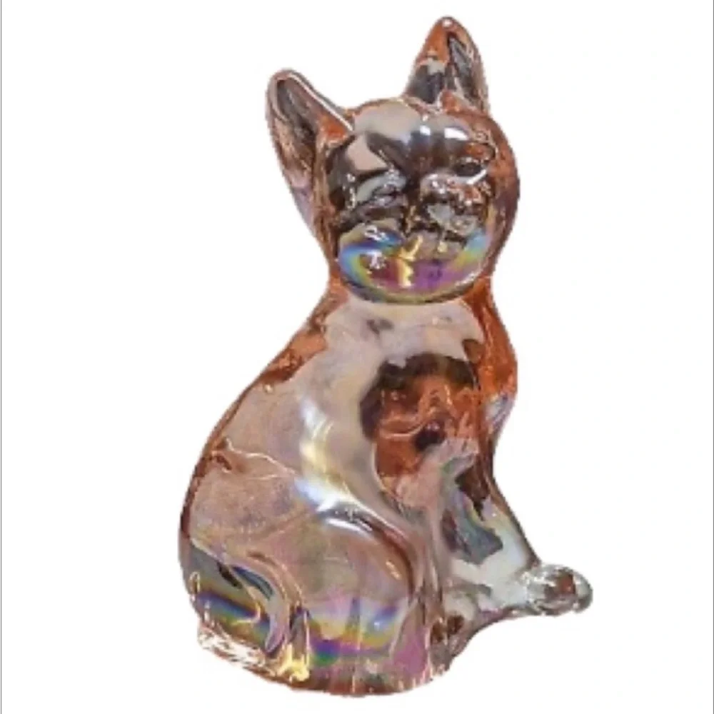 Vintage Fenton Iridescent Pink Glass Cat Kitten Collectible Decor Paperweight